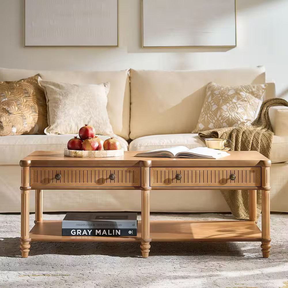 Roland 47 In. Teak Rectangular Wood Coffee Table with Solid Wood Drawers
