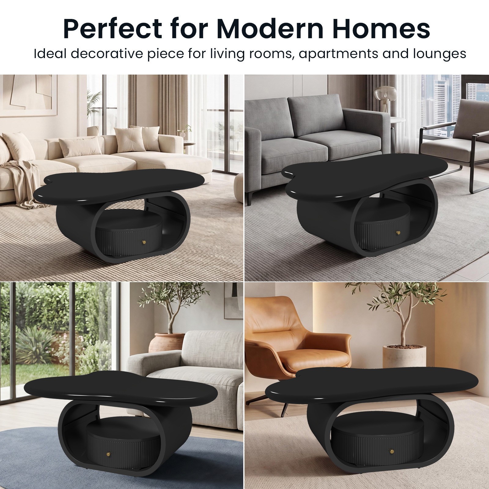 Modern 39″ Black Coffee Table Cloud Center Table MDF Metal w/ Drawer Living Room