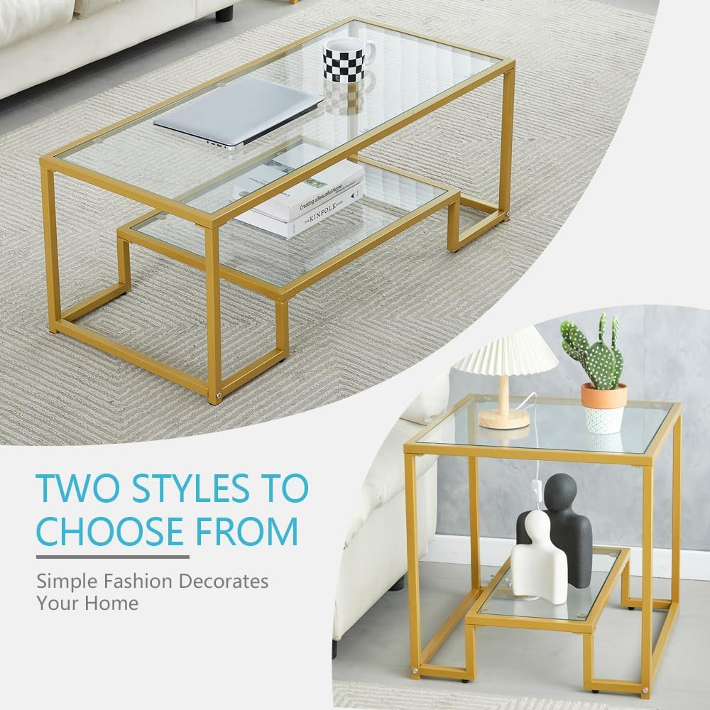 Elegant Two-Tier Golden Metal Glass Coffee Table for Any Room