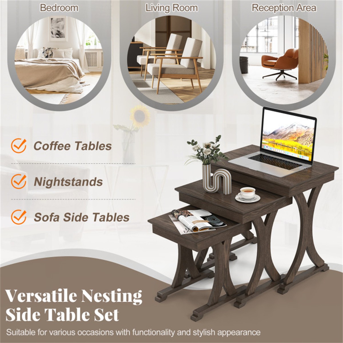3Piece Nesting Coffee Table Set Space-Saving with Vintage Wood-Like Finish