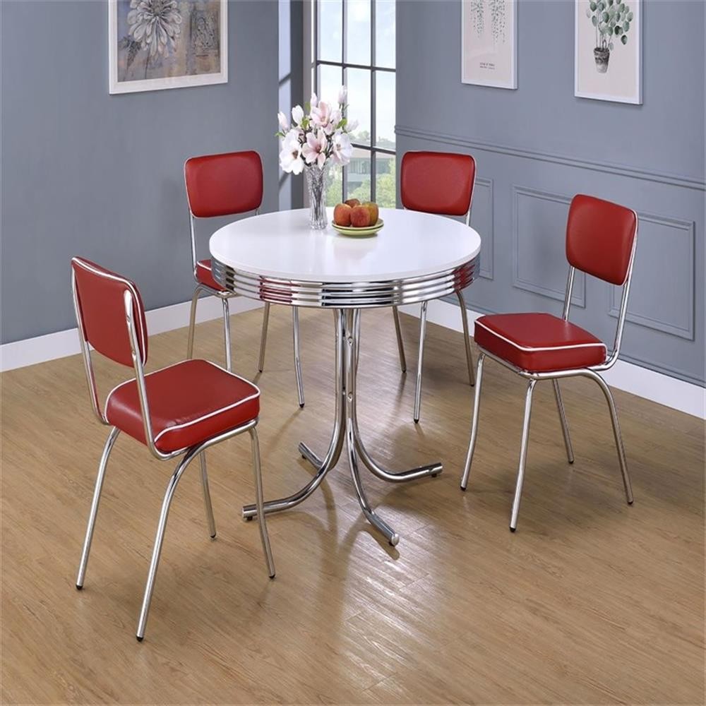 Coaster Retro Metal Legs Round Dining Table Glossy White and Chrome