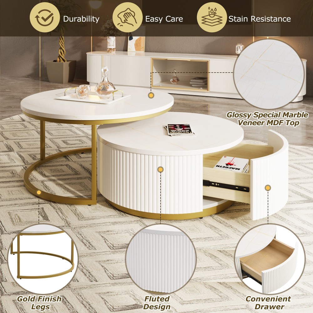 Round Nesting Coffee Table with Grooved Drawers