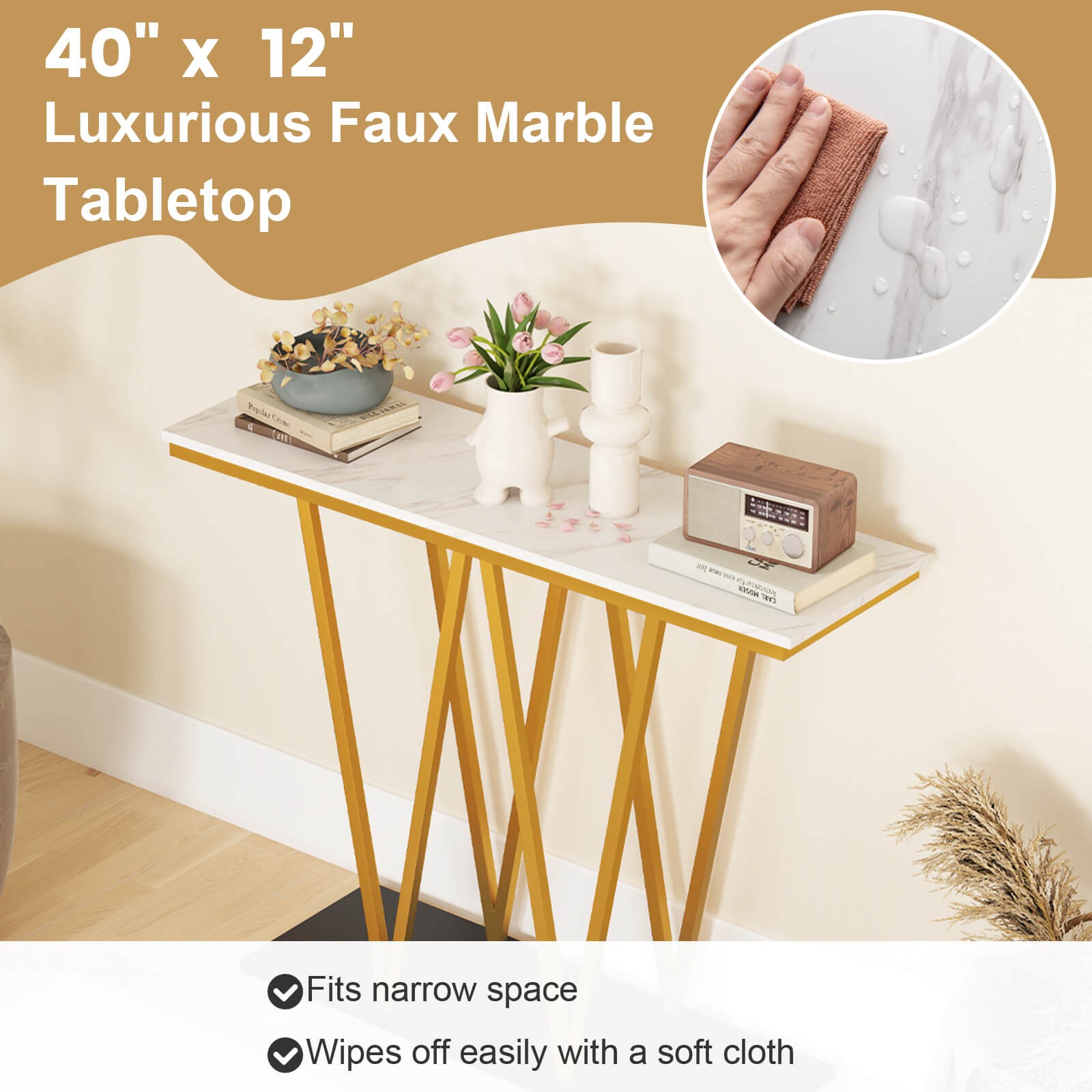 Gold Entryway Table, 40” Modern Console Table w/Faux Marble Table & Metal Frame