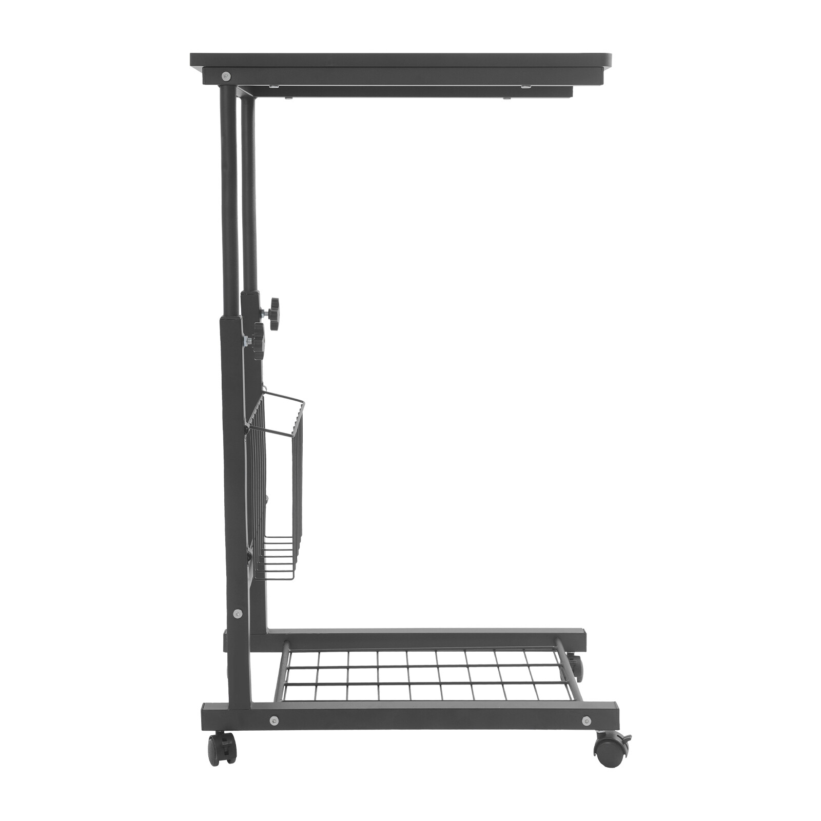2 Tiers Adjustable Bed Side Table Black Indoor Mobile Standalone Table w/ Wheels