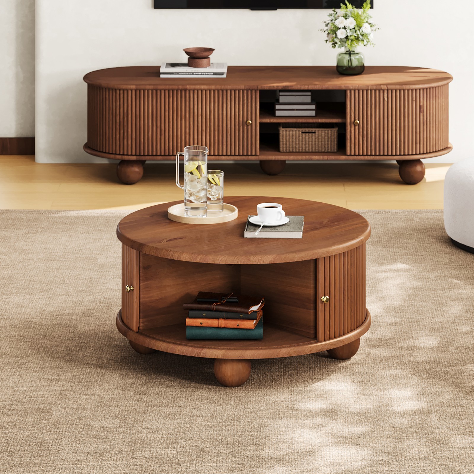 Round Solid Wood Coffee Table Center Table With Hidden Compartment Sliding Door