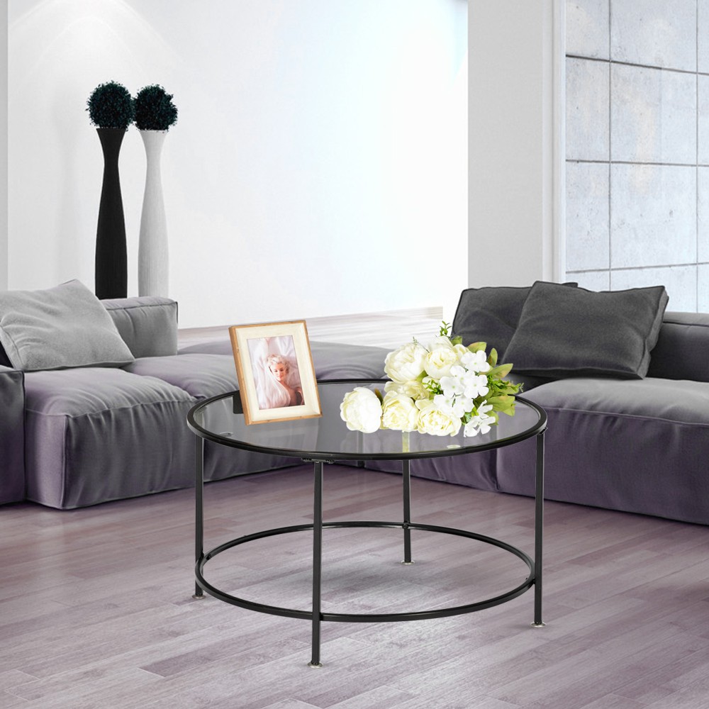 2 Layers 5mm Thick Tempered Glass Countertops Round Wrought Iron Coffee Table