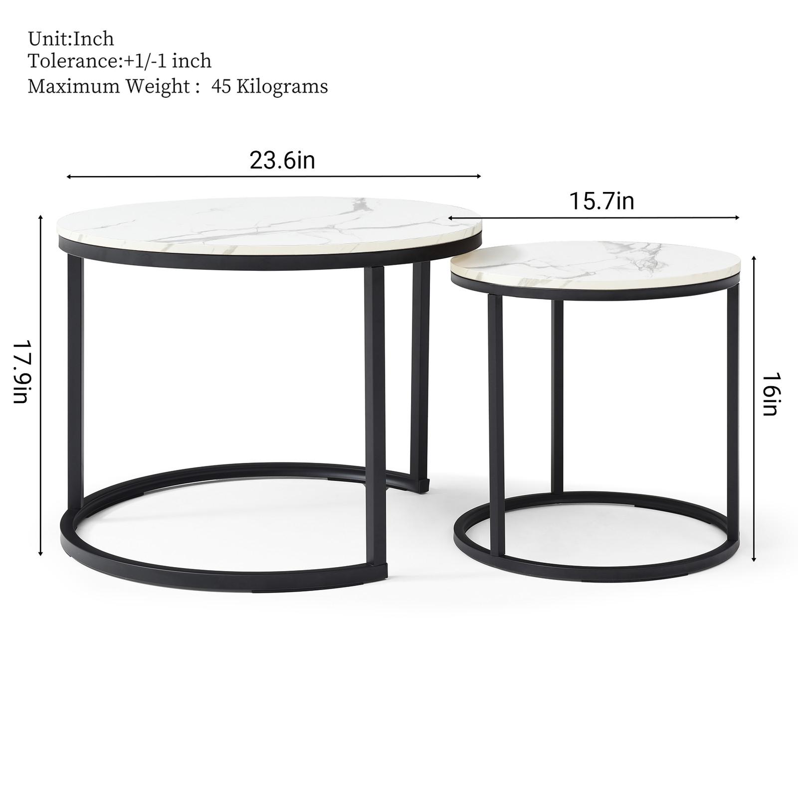 Set 2 Coffee Table Nesting White and Gray Top Black Frame Circular Round