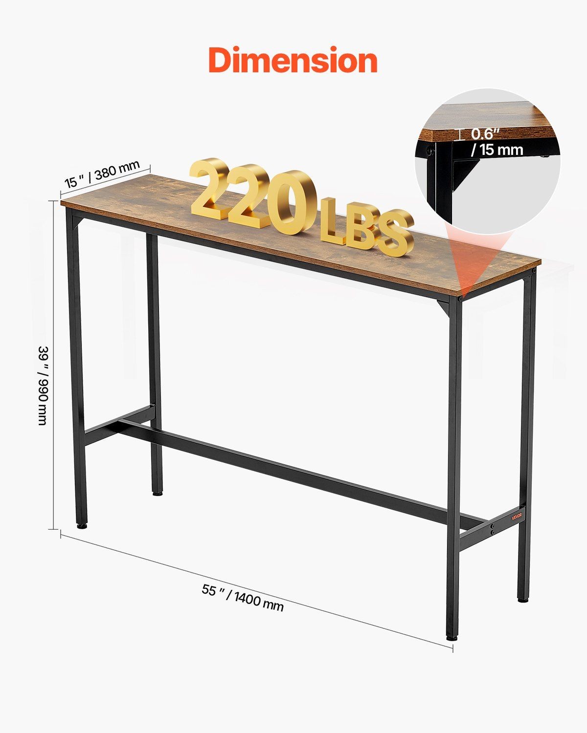 55x15x39 in Cocktail Coffee Counter Table Bar Height Pub Table Kitchen Dining