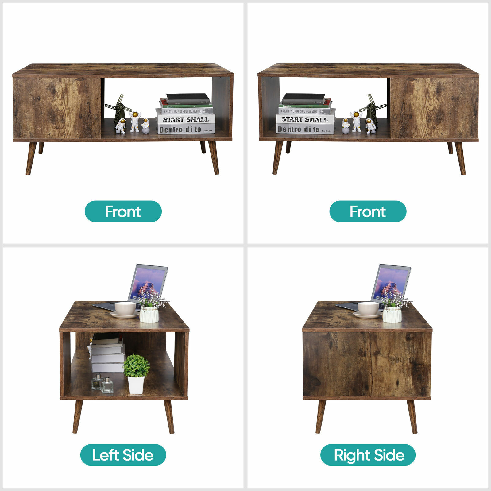 Retro Coffee Table Rectangular Open Storage Wooden Shelf Stand For Living Room