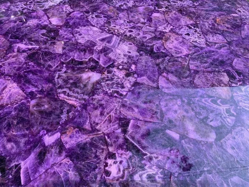 “15” Round Amethyst Stone Coffee Table | Purple Crystal Gem Healing Decor”