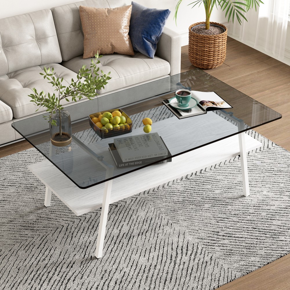 Gray Glass Rectangle Coffee Table, White Metal Legs