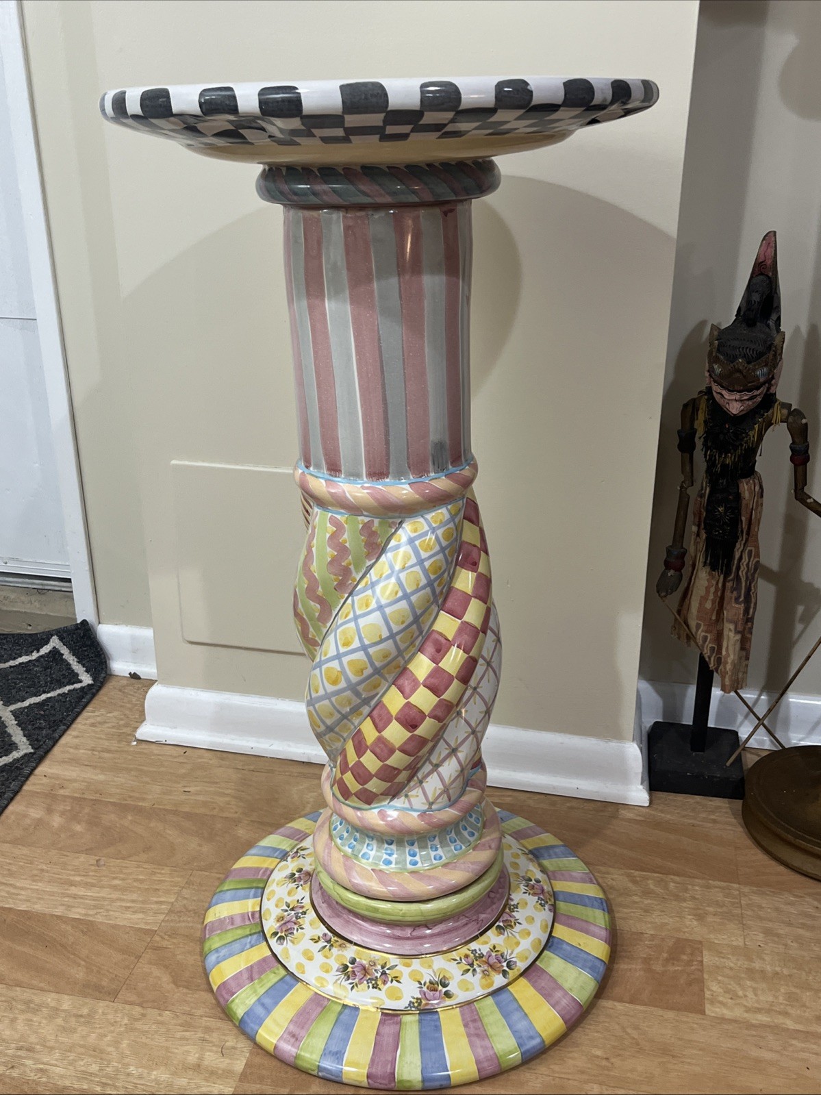 Mackenzie Childs Unique Round pedestal, Plant Stand, Side Table 33” Tall