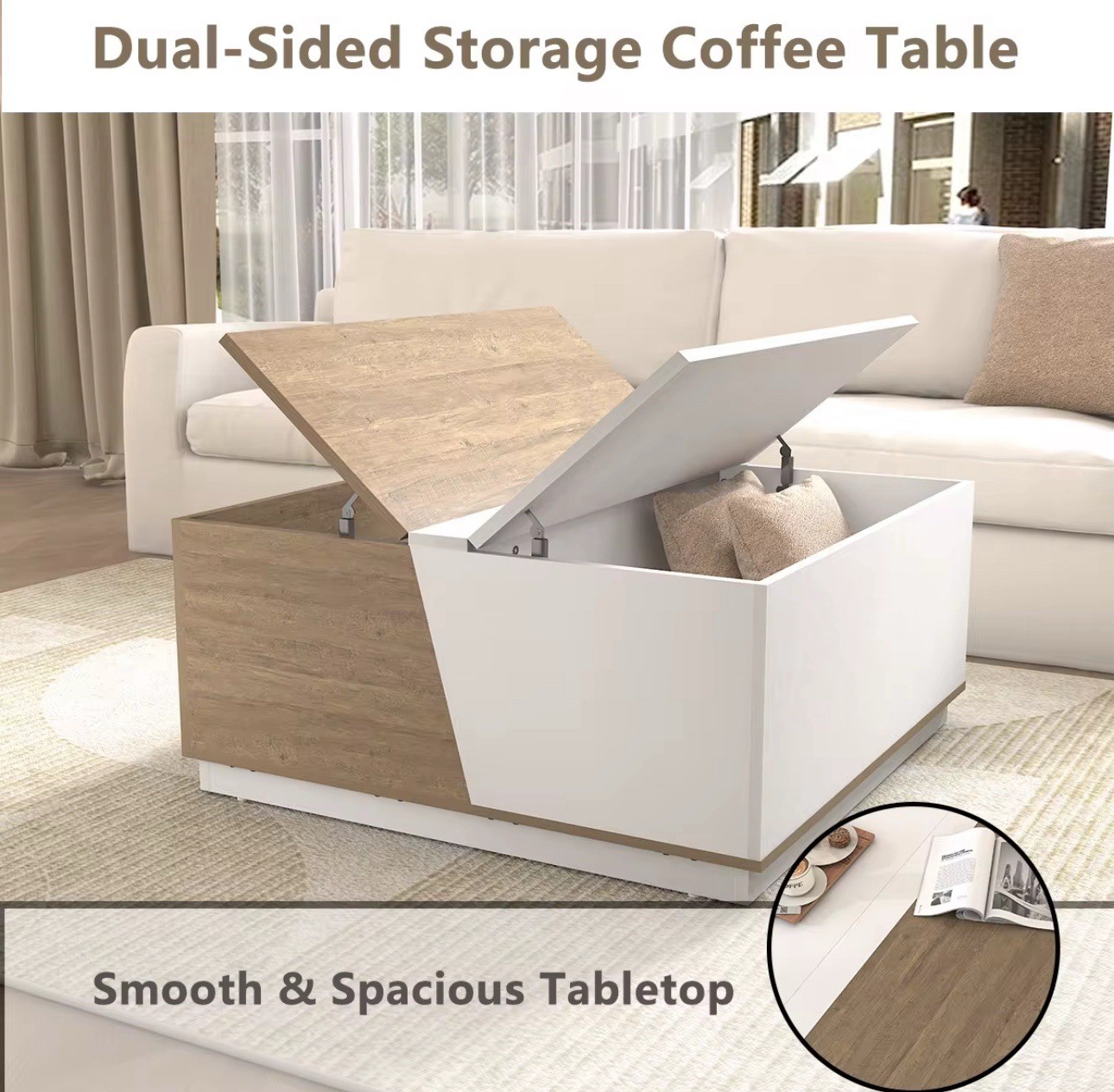 Modern Square Coffee Table with Storage – Scandinavian Style, Wood & White