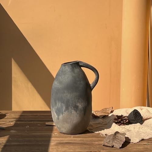 Rustic Ceramic Vase with Handle, Farmhouse Handmade Pottery Vase, Vintage Black