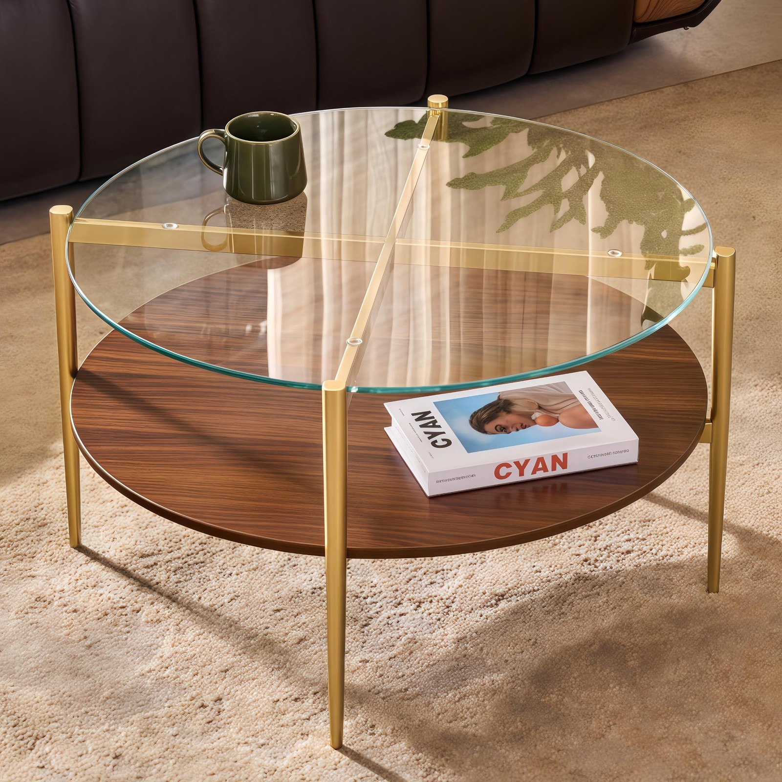 Coffee Table D30 x H17 in 2-Tier Clear Glass Top Walnut MDF Gold Finish