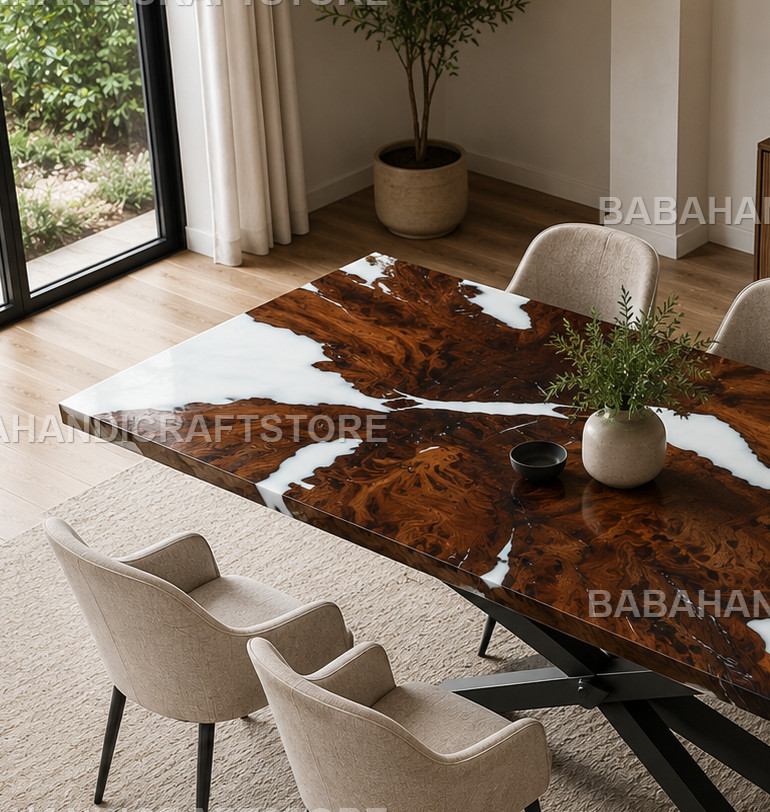 Luxury Live Edge Burl Wood White Epoxy River Dining Table Handmade Resin Desk