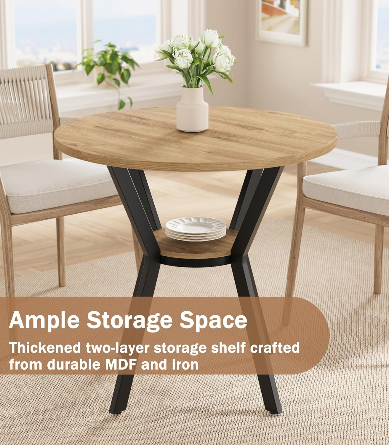 Round Kitchen Tables for 2-4, 31.5″ Small Dining Tables with Storage, Rustic Woo