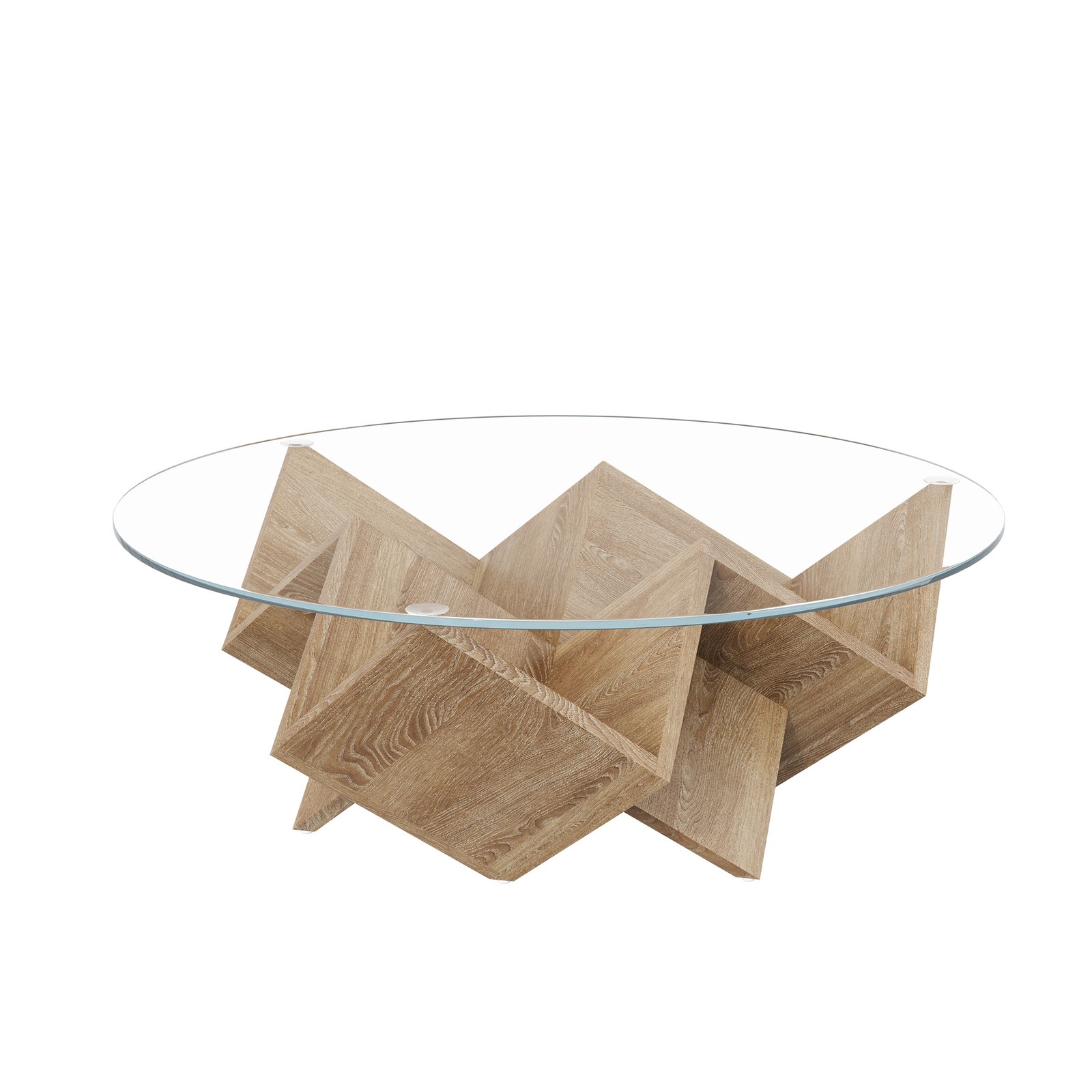 Modern Round Coffee Table with Tempered Glass Top and Geometric Art Deco Storage