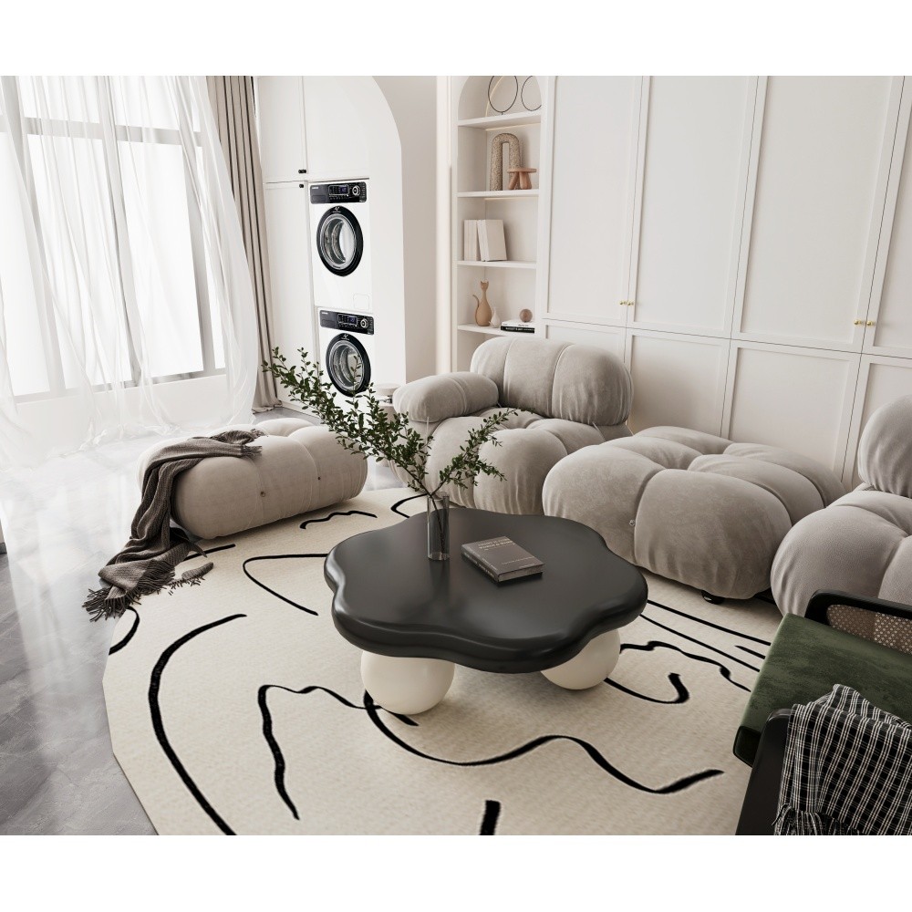 35″ Cloud Coffee Table, Petal-Shaped, Black Top White Legs, Spherical Base