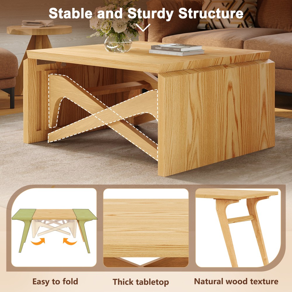 2-in-1 Natural Wood Coffee Table, Transformer to Dining Table, Height Adjustable