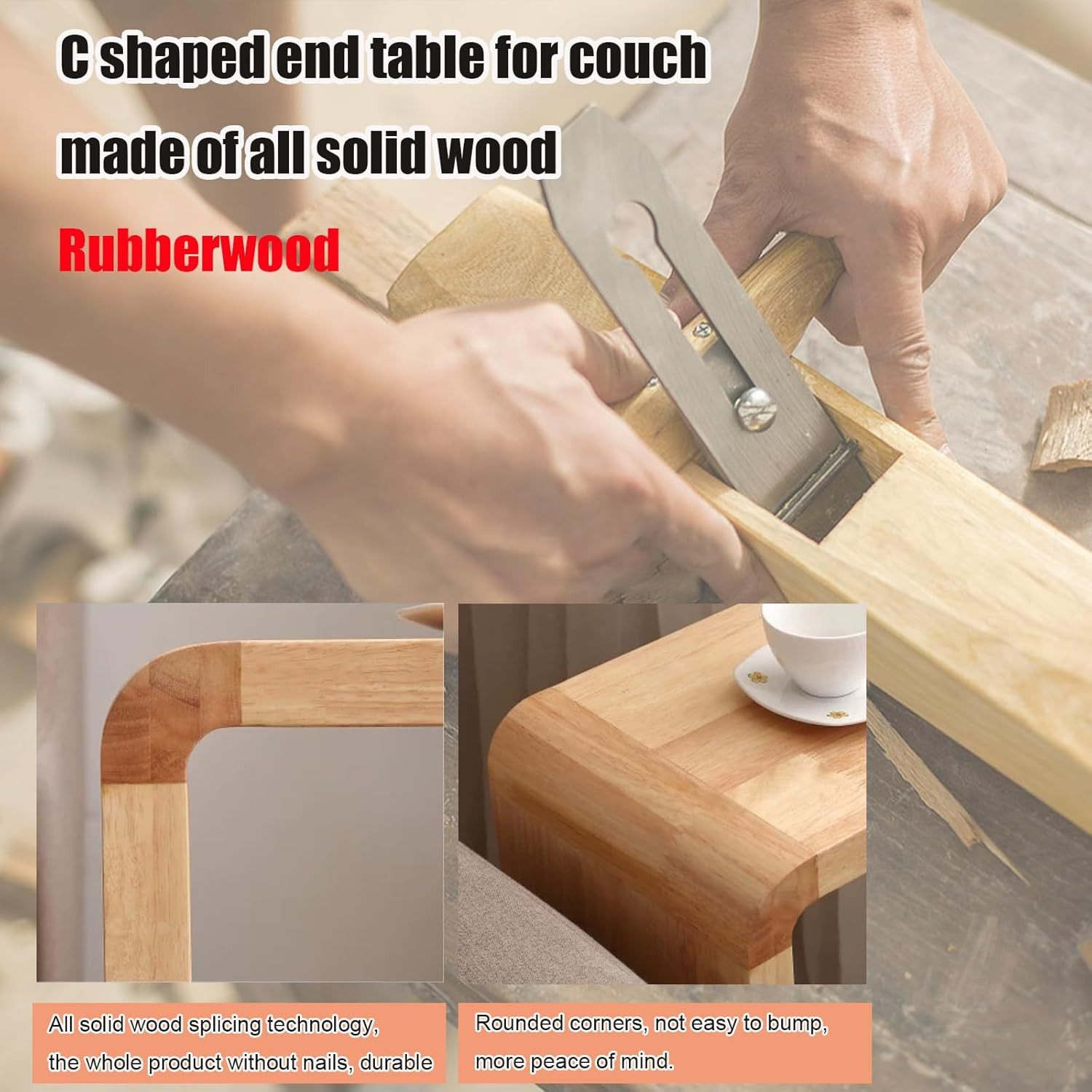C Shaped Solid Wood End Table – Space-Saving Snack Table for Any Room