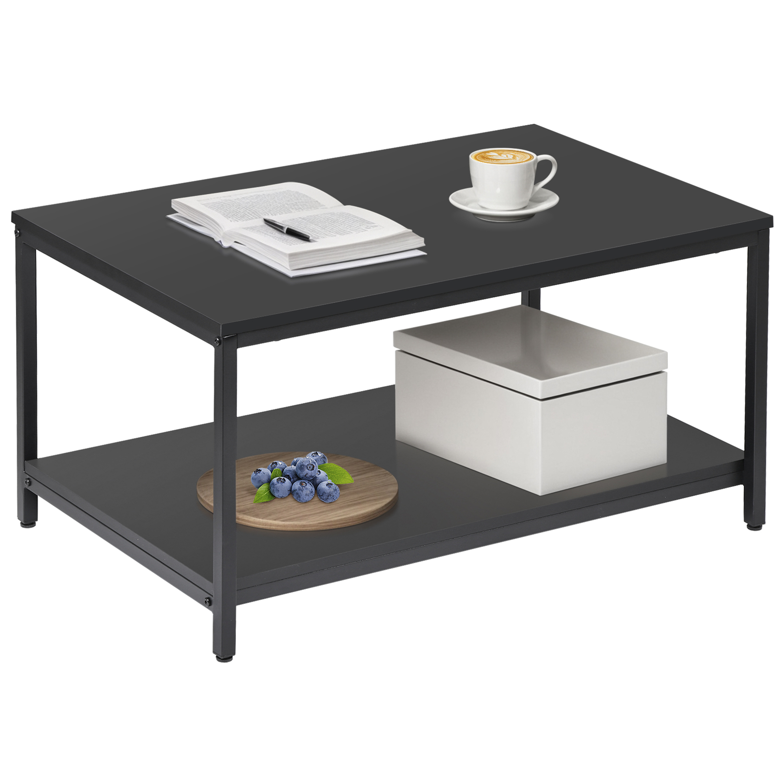 2 Tier Modern Industrial Coffee Cocktail Table W/Storage Shelf Metal Frame Black