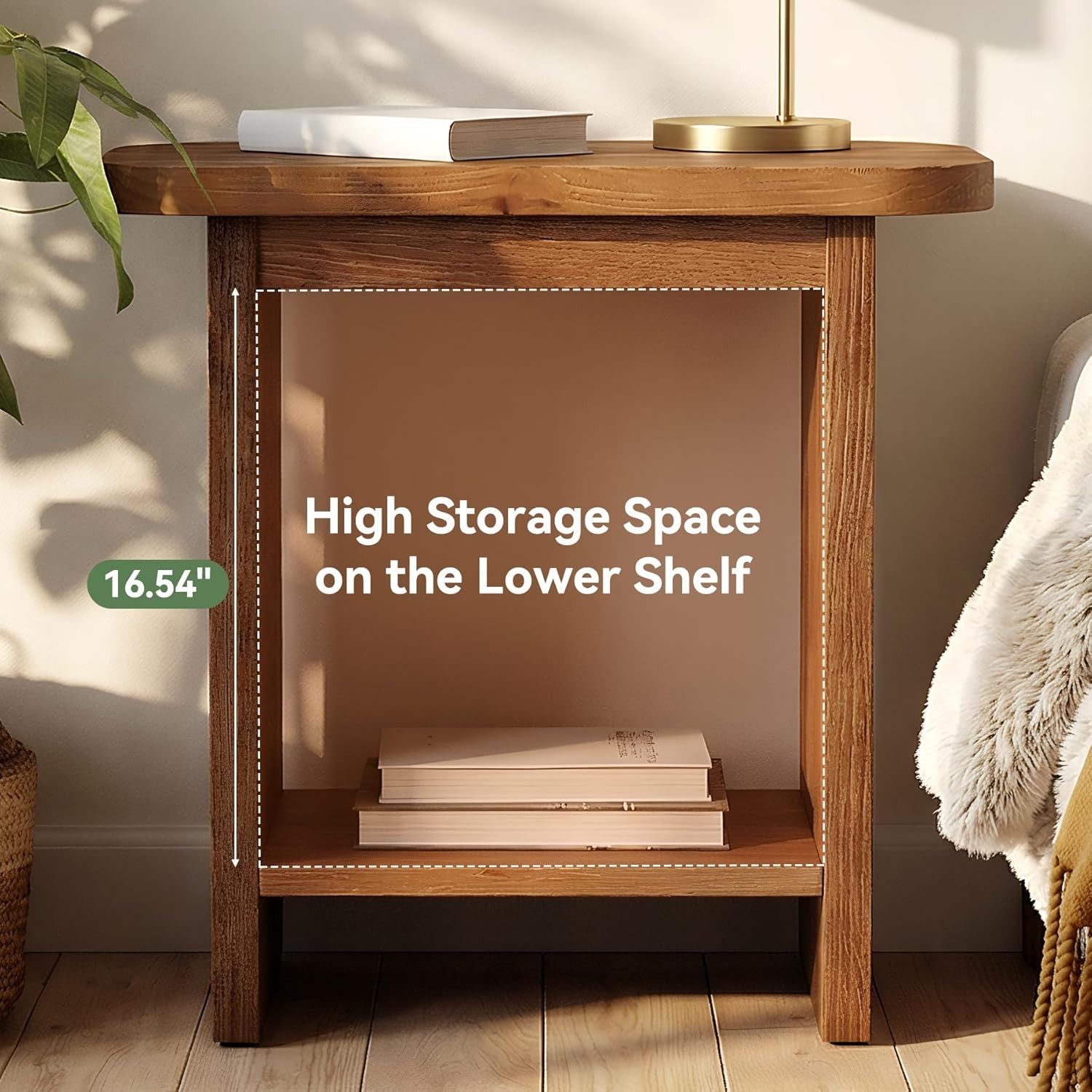 Modern Solid Wood Side Table Narrow H-Shaped 2-Tier End Table with Storage Shelf
