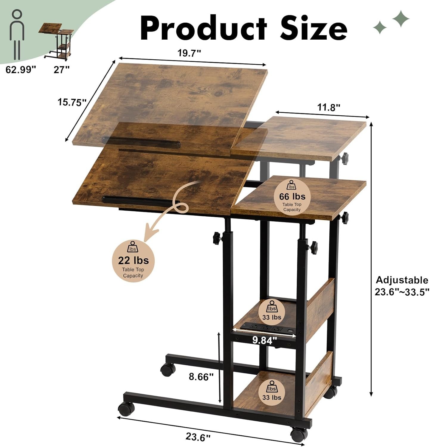 Height Adjustable C-Shaped End Table with Tilt Top & USB Charging – Rustic Brown