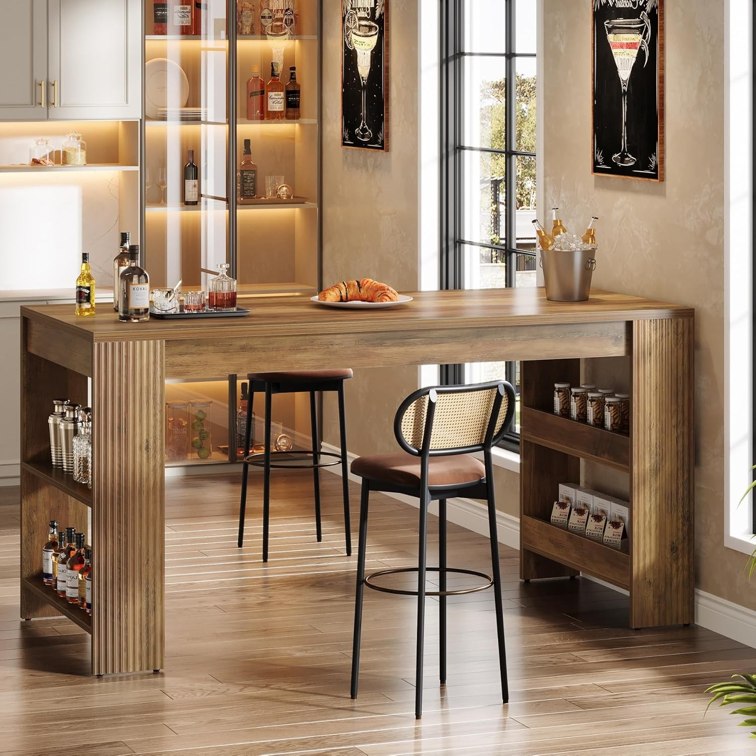 63-Inch Farmhouse Bar Table Rustic Counter Height Pub Table with Storage Shelves