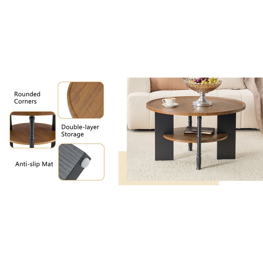 Round Coffee Table Side Table 2 Piece Set with Storage Shelf PVC Surface MDF