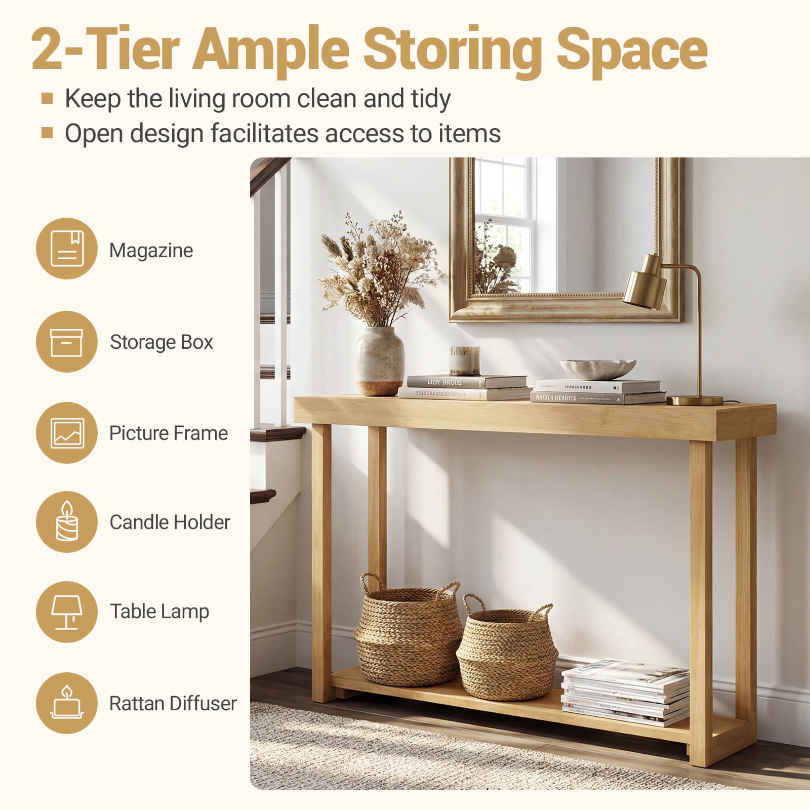 46”Solid Wood Console Table,2-Tier Narrow Farmhouse Sofa Table w/Teak Wood Frame