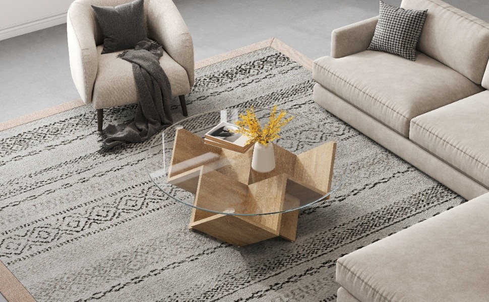 Modern Round Coffee Table with Tempered Glass Top and Geometric Art Deco Storage