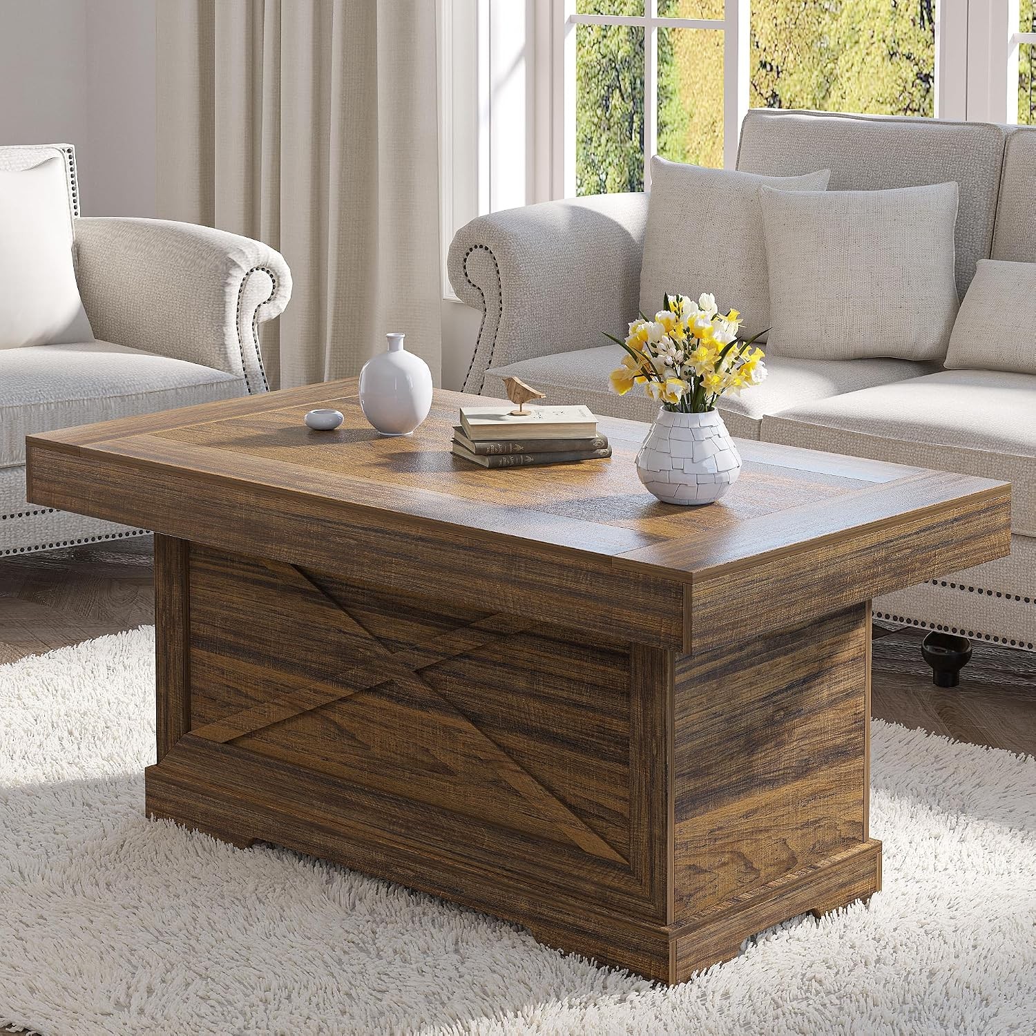 Coffee Table 39 in Rustic Center Table W/ X-Design Wooden Pedestal Living Room