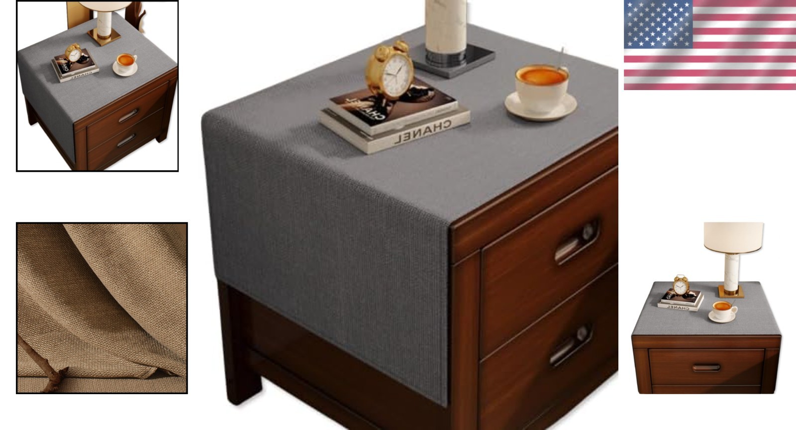 Waterproof Cotton & Linen Bedside Table Mat – Elegant Grey Nightstand Cover