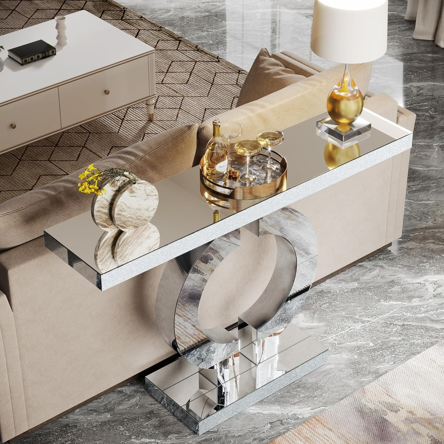 Modern Mirrored Console Table with O-Shaped Base for Living Room Entryway