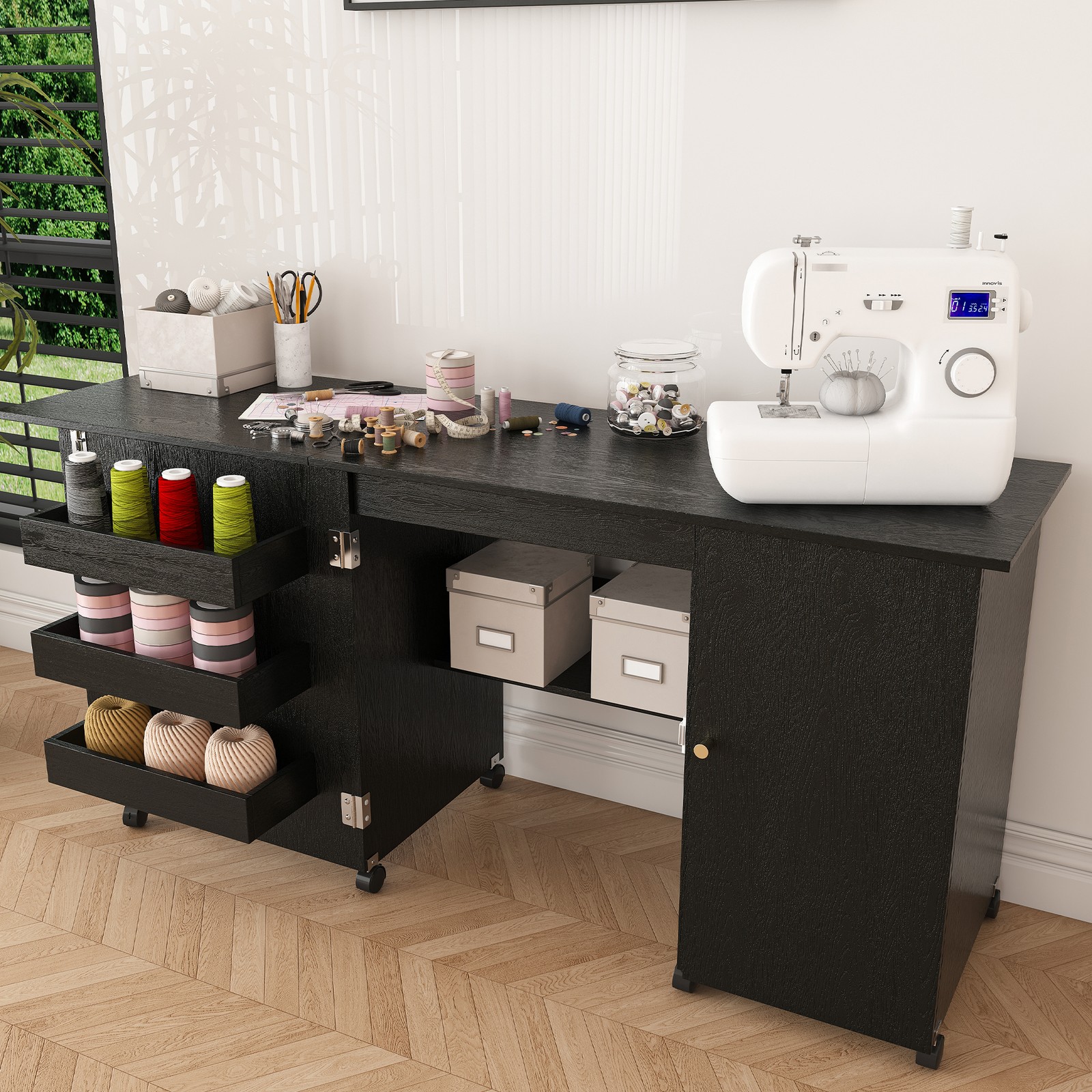 Foldable Sewing Machine Table with Locking Casters 57.5 Inch Black Craft Station