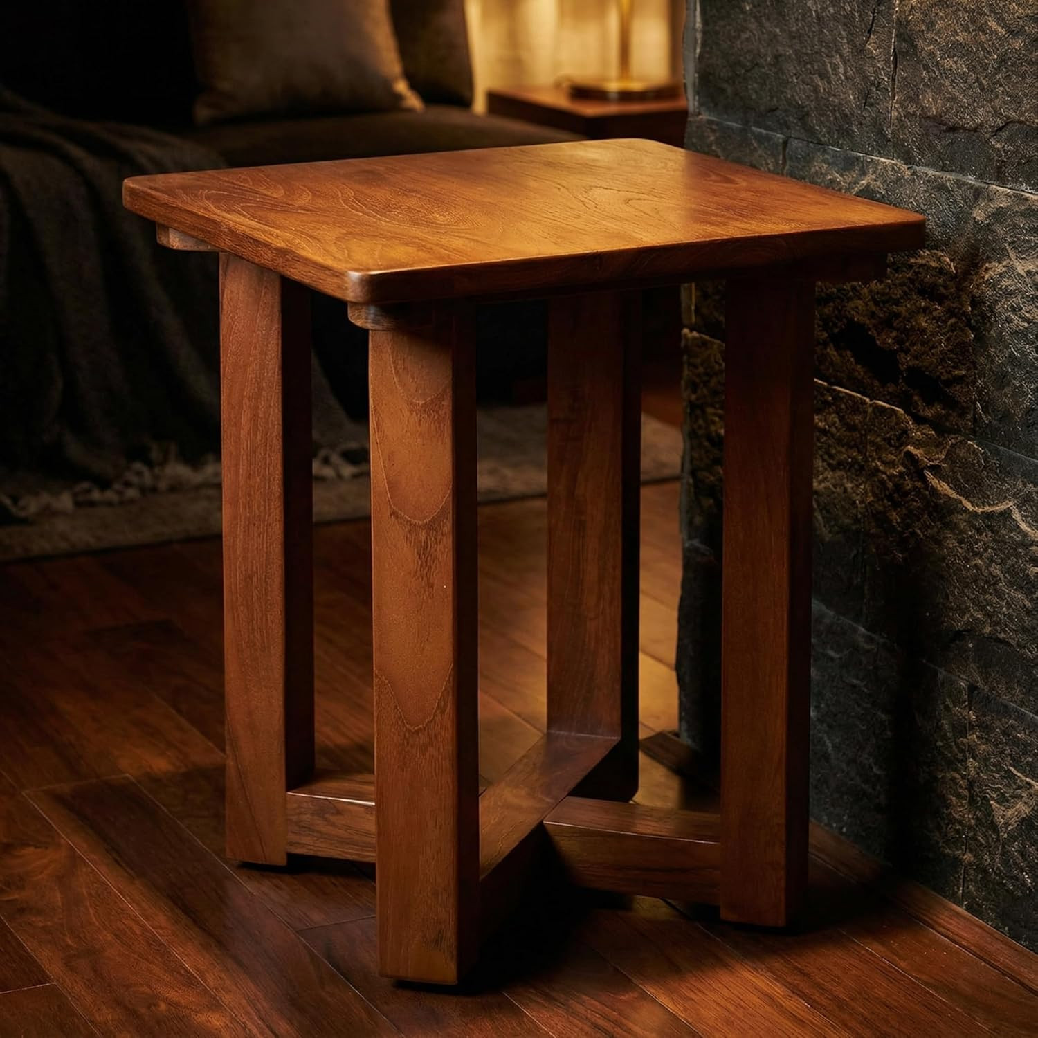 Solid Teak Wood Small End Table – Stylish Brown Accent for Any Room
