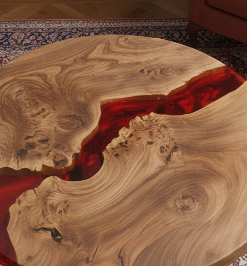 12″ Red Resin River Table Round Live Edge Wood Coffee Table Lava Flow Epoxy Art