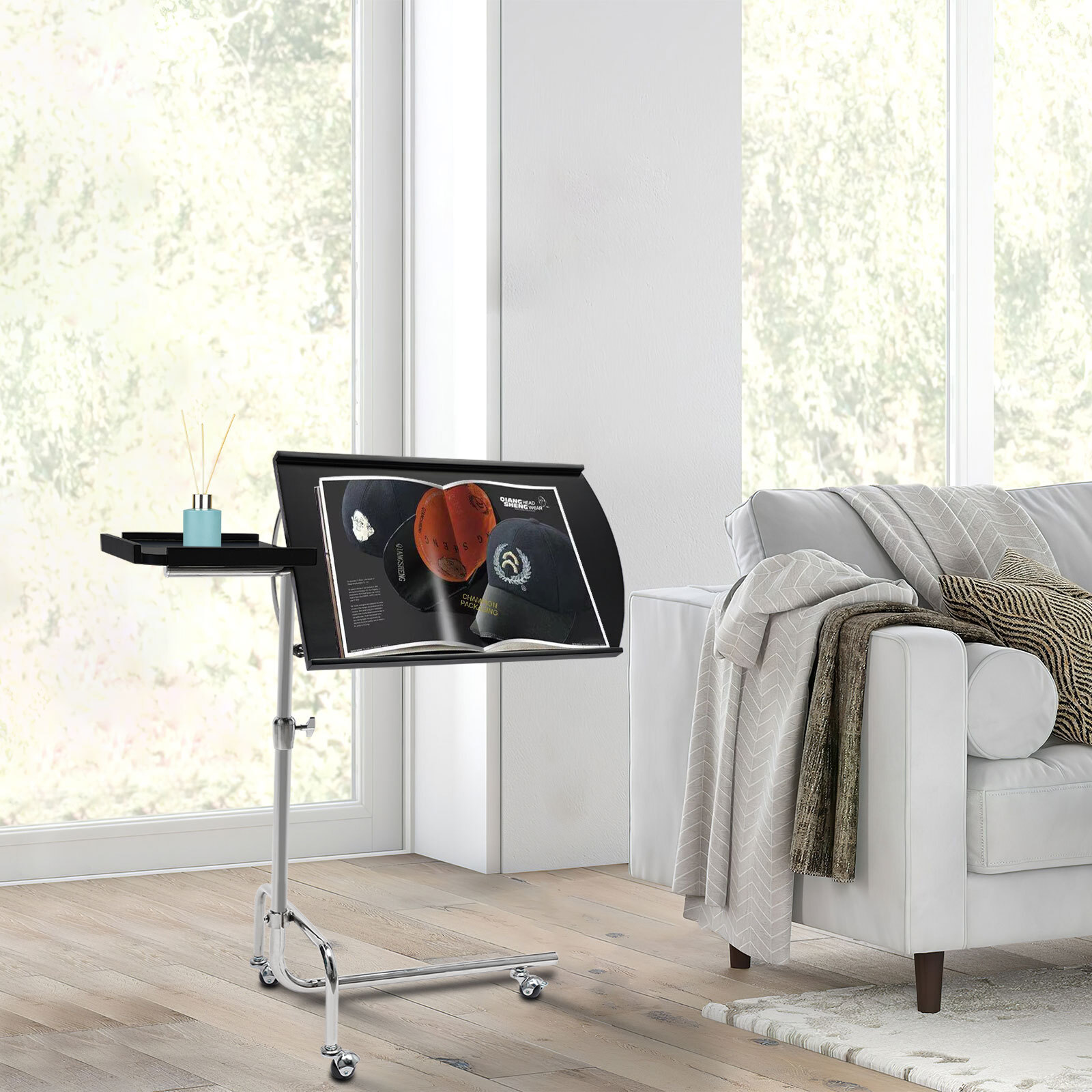 Modern Black Free-standing Adjustable Wood Swivel Tray Table w/ Ergonomic Stand