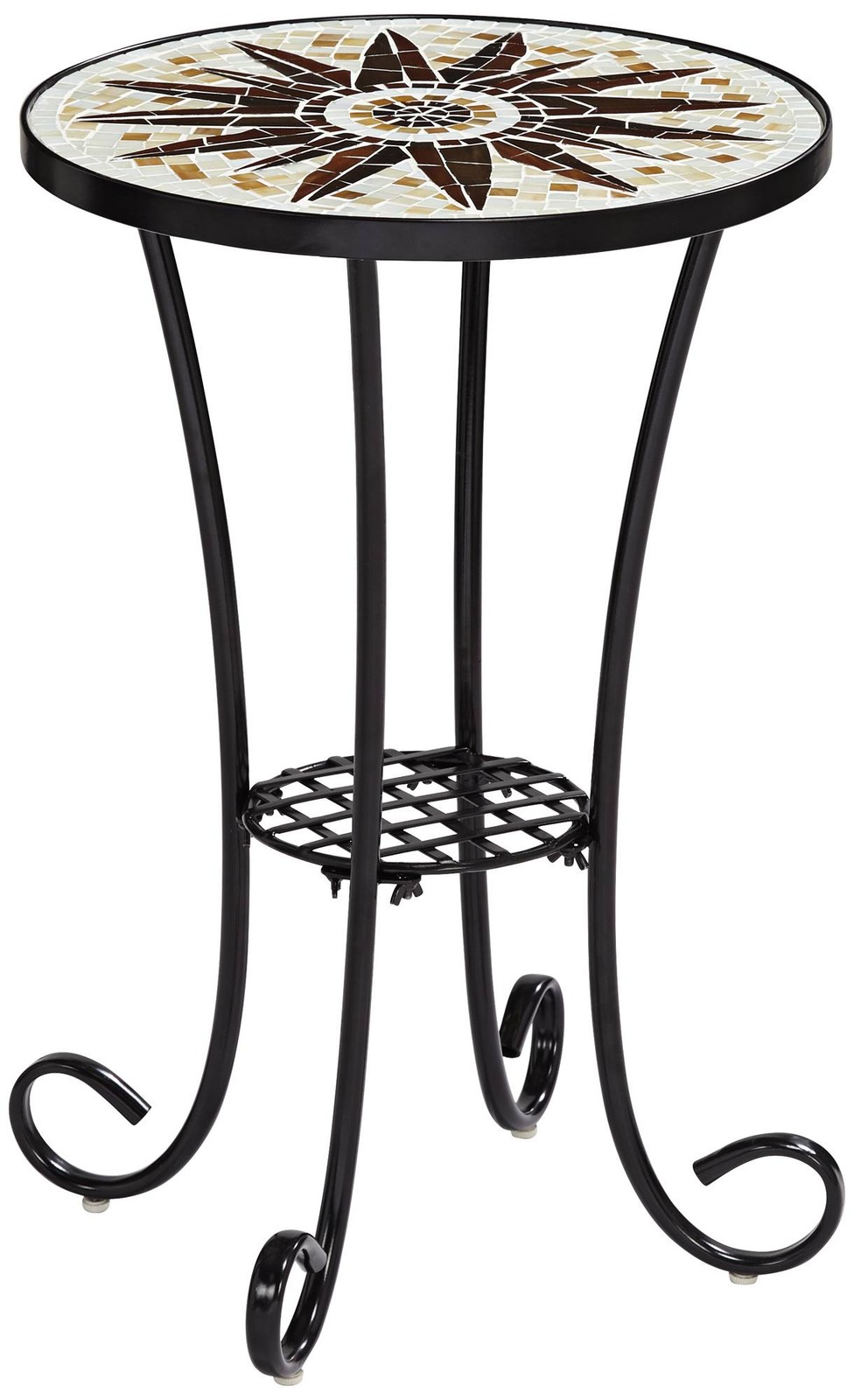 Modern Black Round Outdoor Accent Table 14″ Wide Brown Sunburst Mosaic for Porch