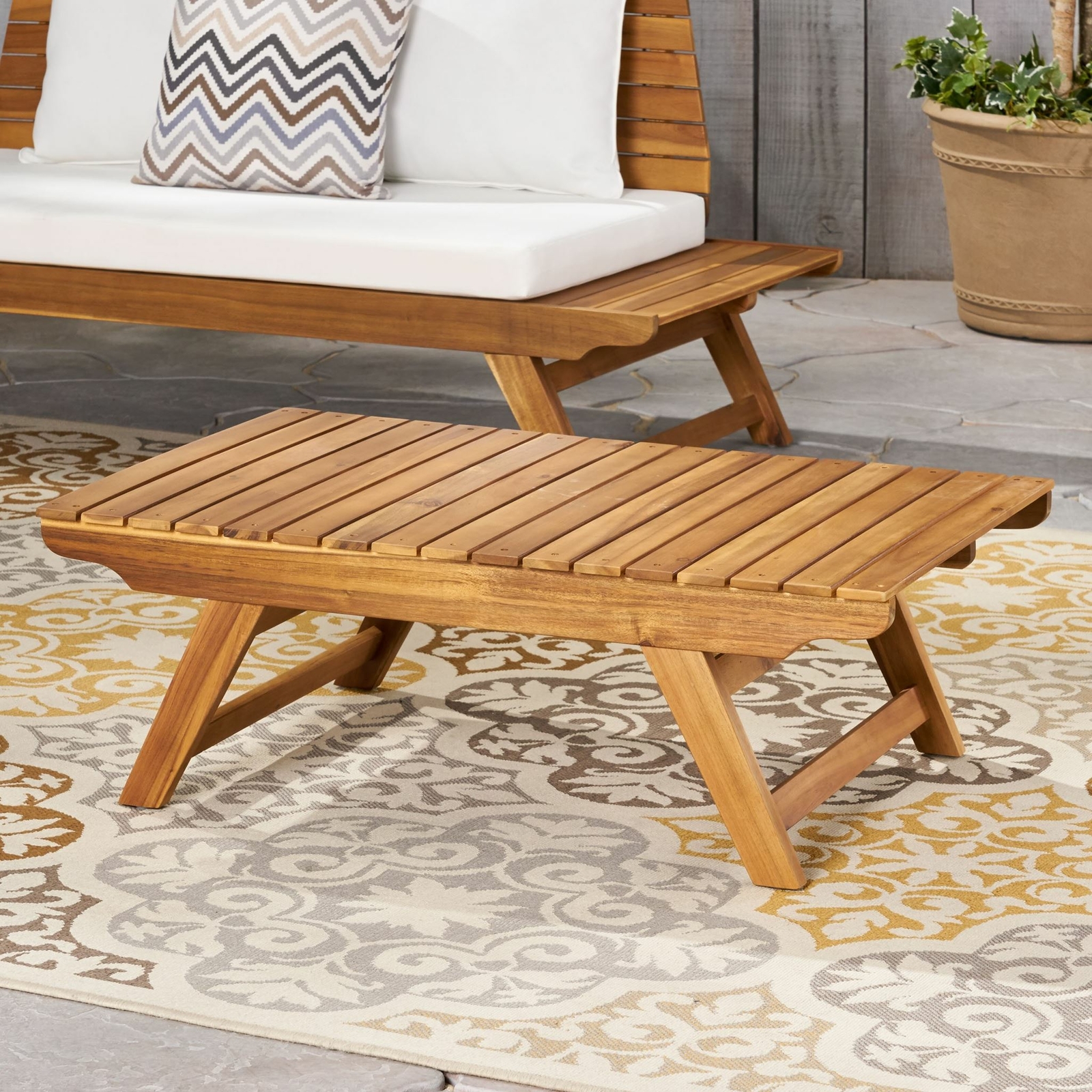 Outdoor Acacia Wood Slat Panel Coffee Table, Teak