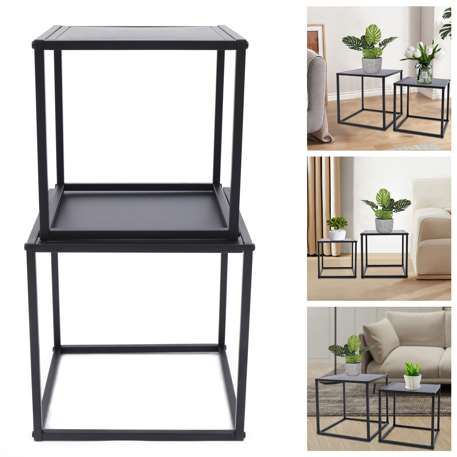 2pc Modern Square Tray Side End Table Coffee Table Living Room office Matt Black