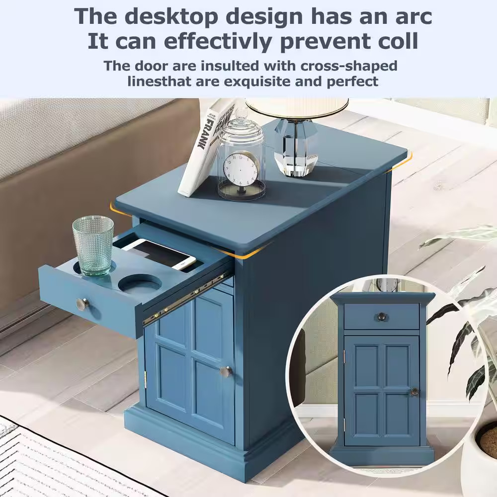 24 In. Navy Rectangle Wood End Table with USB Ports and 1-Drawer W/Cup Holders S