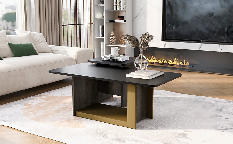 Modern Light Luxury Coffee Table Set of 2, Square MDF & Metal, Black