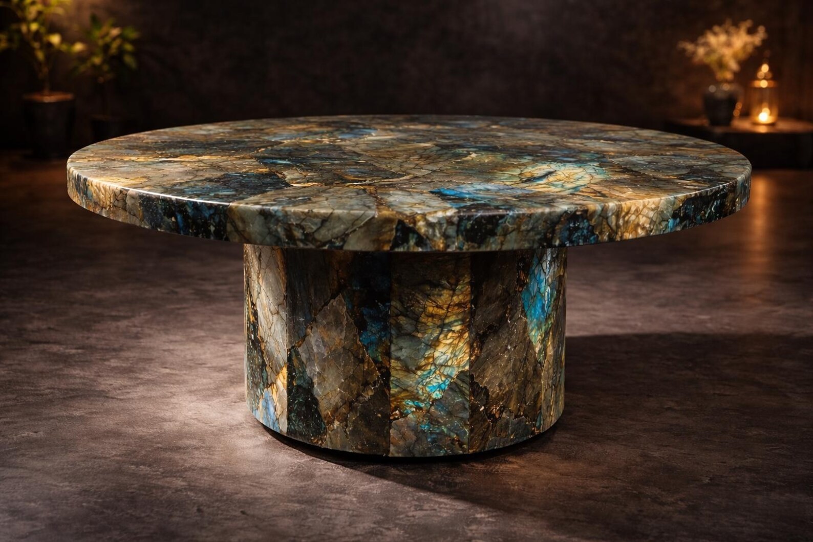 Labradorite Coffee Table Round Gemstone Center Table Luxury Blue Stone Interior