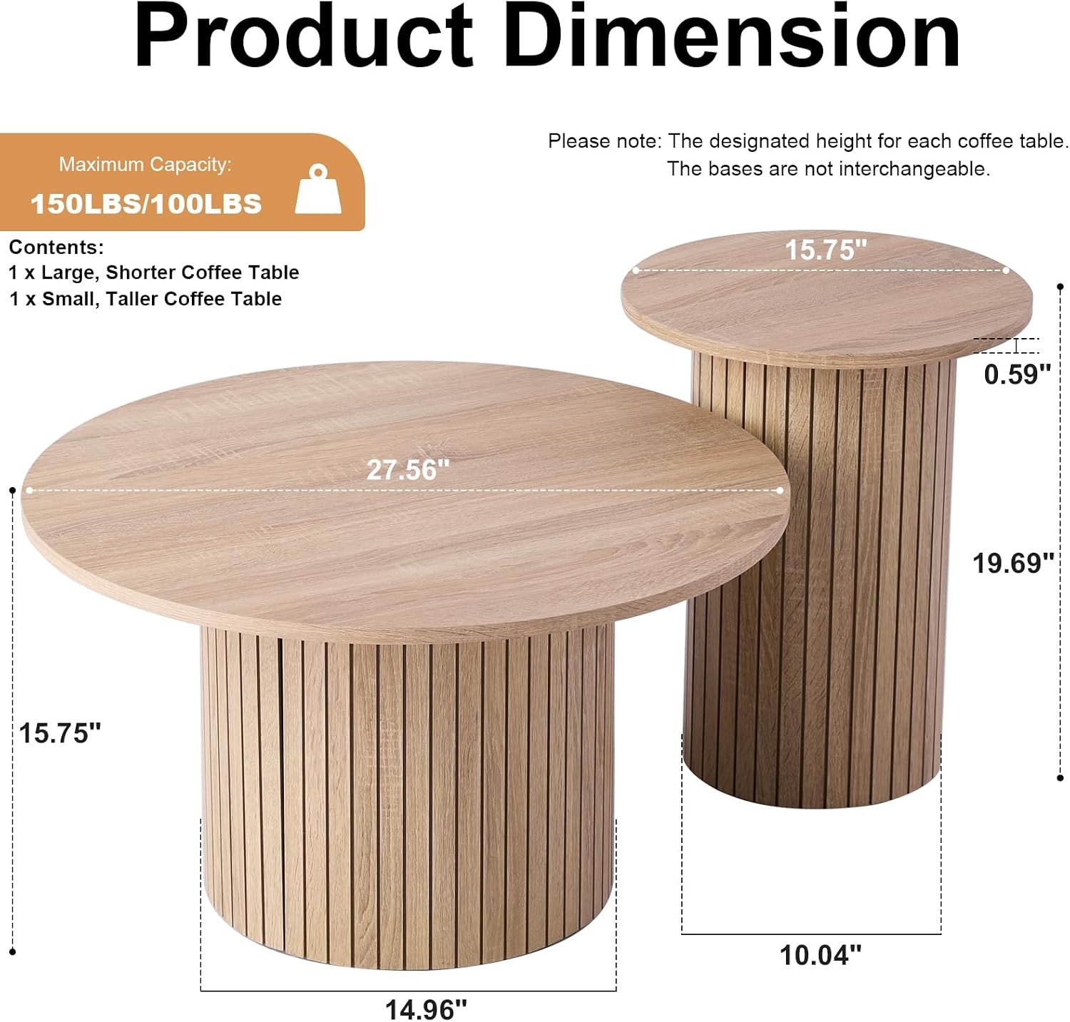 Round Nesting Coffee Tables for Living Room, Set of 2, Natural | φ27.6 + φ15.8