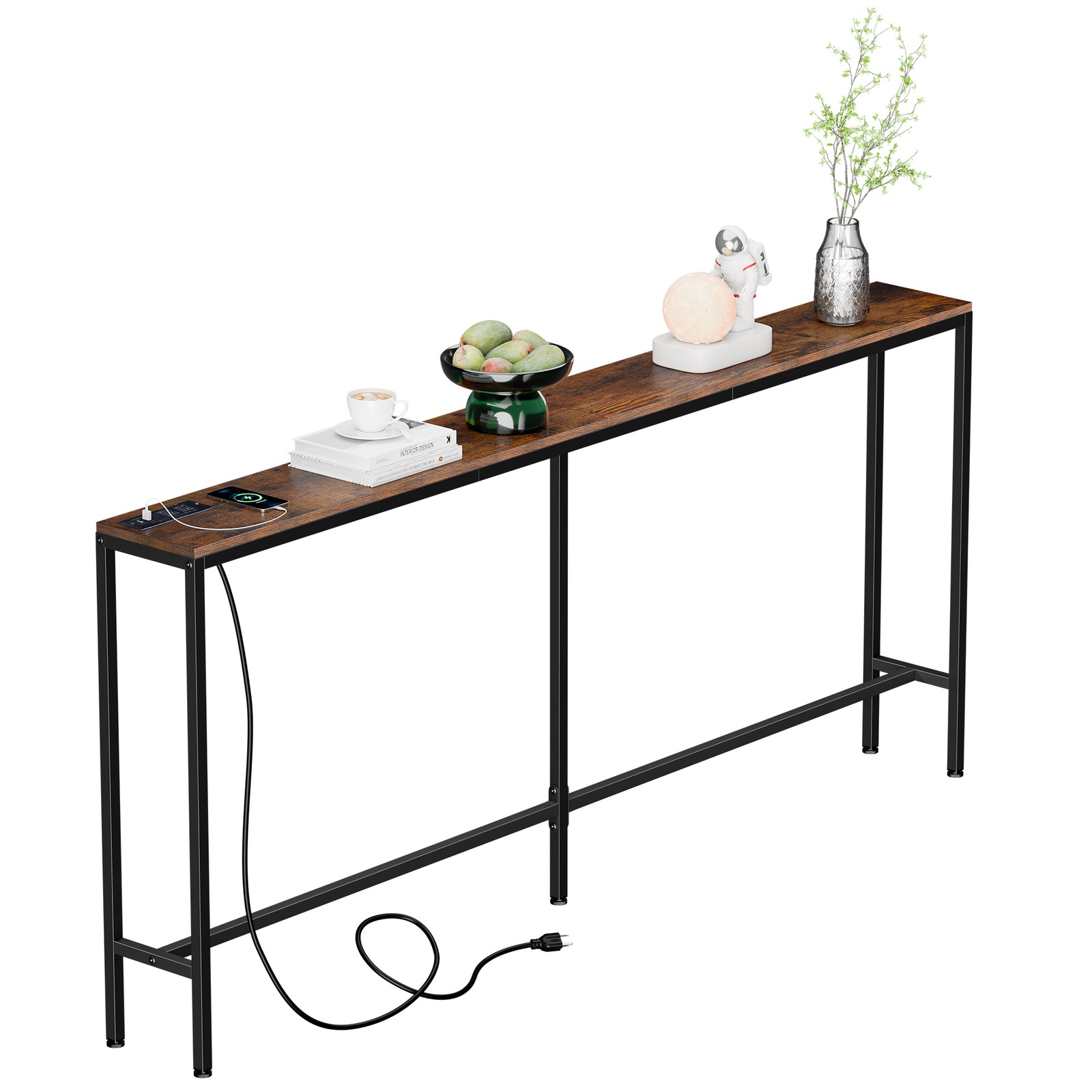 70.8″ Narrow Console Table w/ Power Outlet Behind Couch Sofa Table Rustic Brown