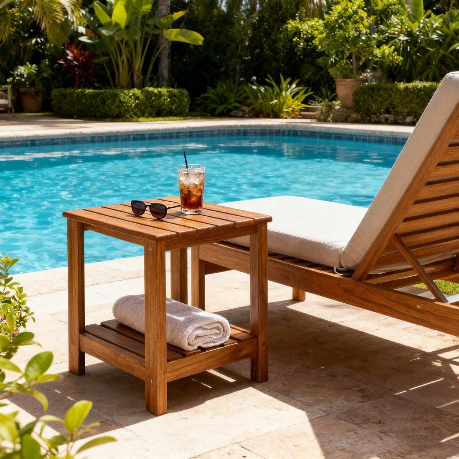 Teak Outdoor Side Table Double Layer Wooden Accent Table