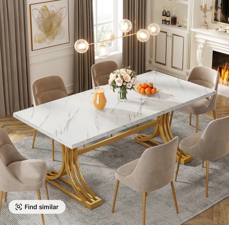 White/Gold Glossy Rectangular Dining Table 70x34x30 in, Adjustable Feet