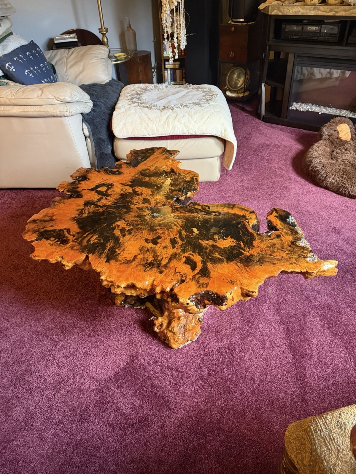 Live Edge Freeform Redwood & Resin Coffee Table 43x36x41 Glossy Brown/Black